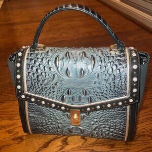 Stunning Brahmin Ingrid Satchel in Blue-Green Croc-Embossed Leather with Studs